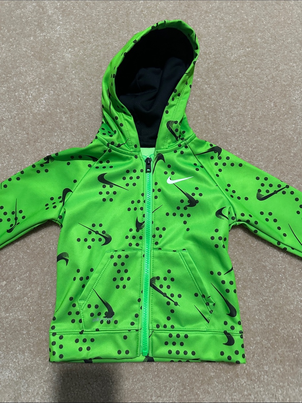 Nike Kids' Neon Green Hooded Dri-Fit Zip-Up Jacket with Black Swoosh Print